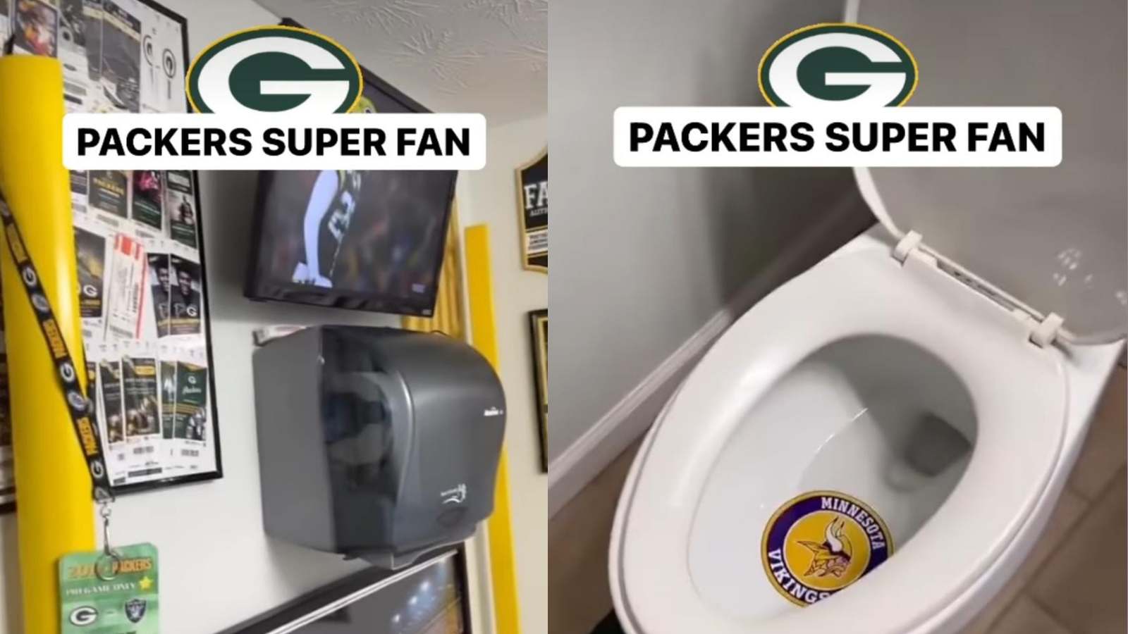 WATCH: “Flush The Vikings Down The Drain” Crazy Packers fan installs Vikings logo inside the crapper