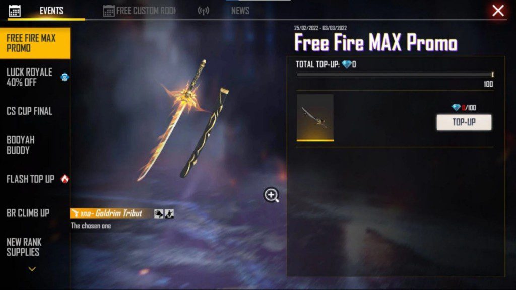 Get Goldrim Tribute katana skin in free fire max for free