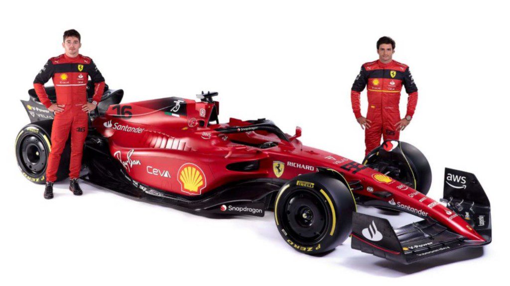 Ferrari drivers Charles Leclerc and Carlos Sainz with the F1-75 at the digital launch event