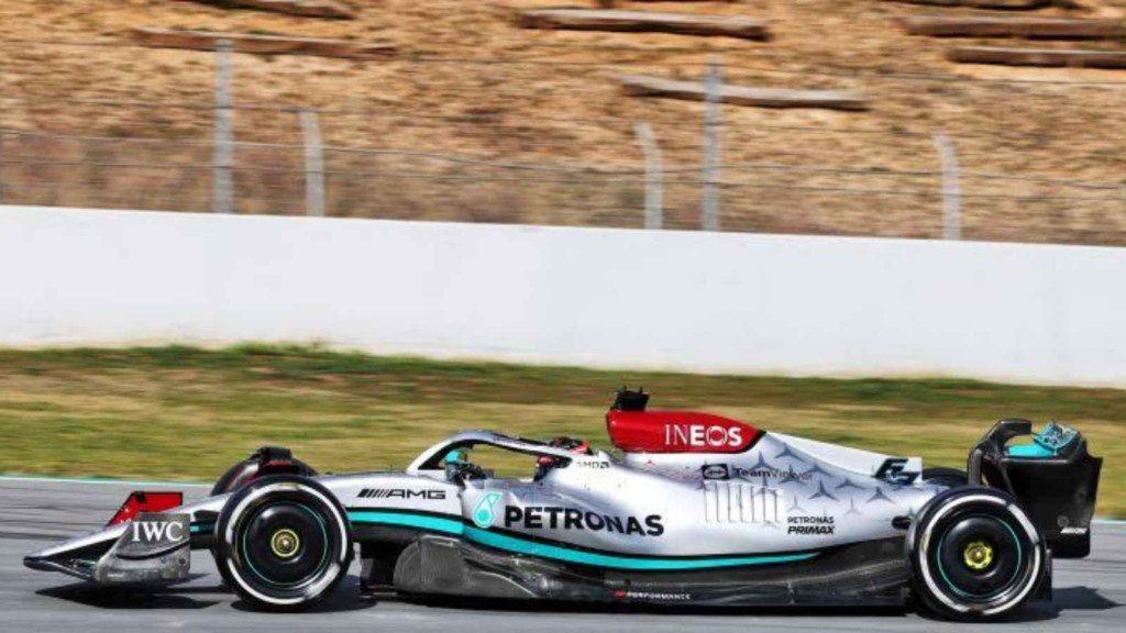 Mercedes AMG Petronas' W13 challenger at pre-season testing in Barcelona today