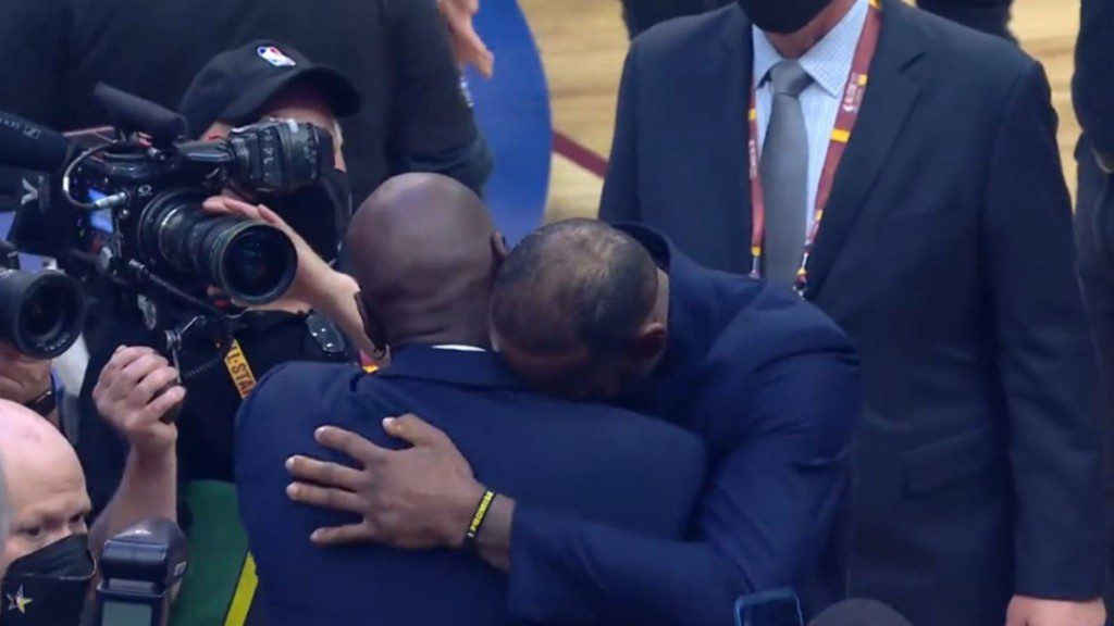 LeBron James and Michael Jordan Embracing Each Other