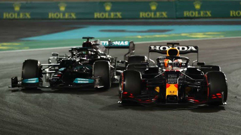 Red Bull Racing's Max Verstappen and Mercedes' Lewis Hamilton battling it out at the Abu Dhabi Grand Prix