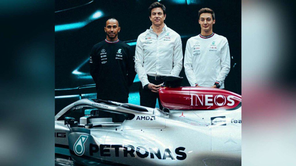 Lewis Hamilton, George Russell and Toto Wolff