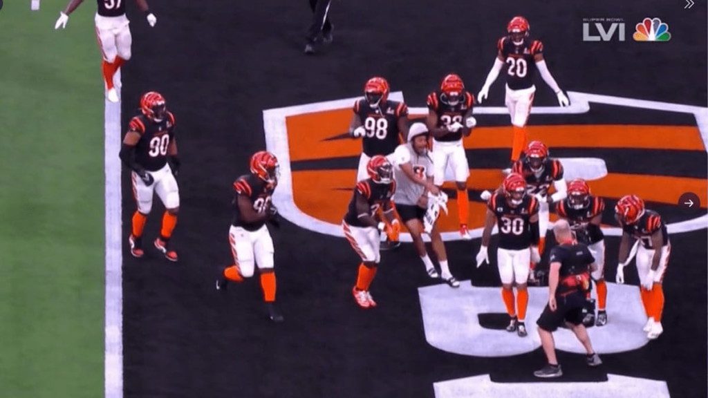 Vernon Hargreaves walks on to the field to celebrate costing the Bengals 10 yards