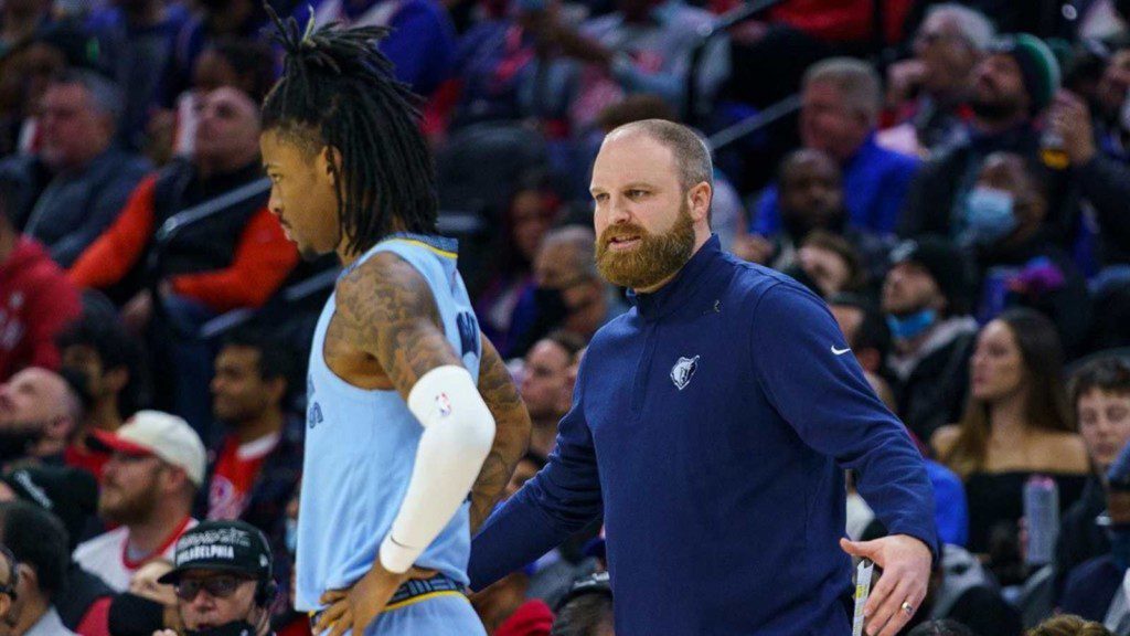 JA Morant with the Grizzlies coach Taylor Jenkin