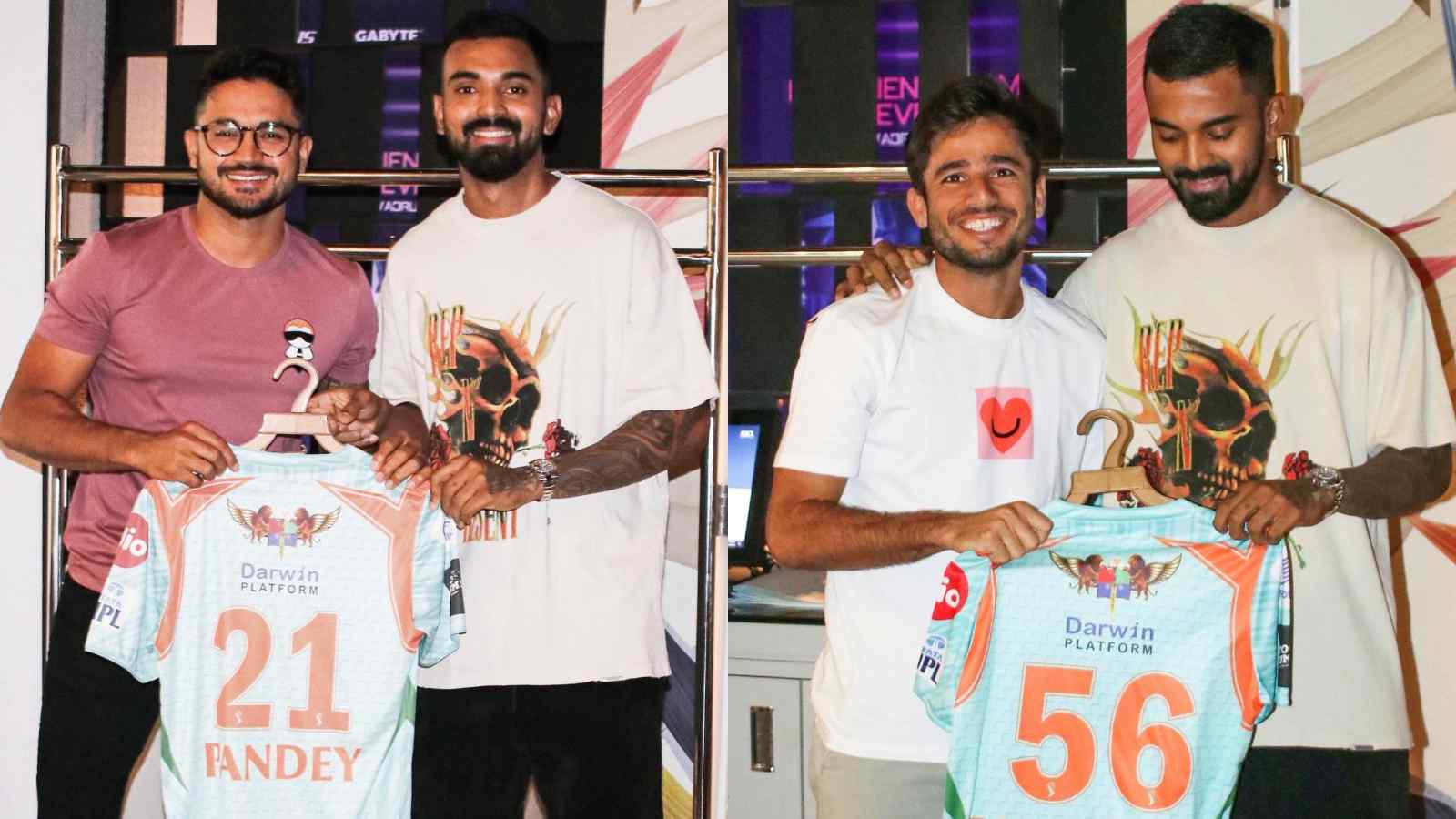 KL Rahul hands out jerseys to his Lucknow Super Giants teammates ahead of the IPL 2022 season.