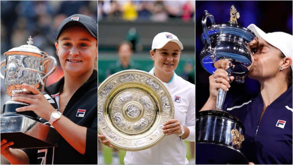 Ash Barty with her 2019 French Open, 2021 Wimbledon and 2022 Australian Open trophies