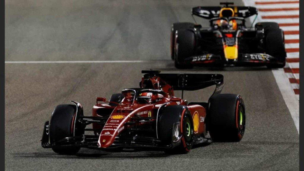 Charles Leclerc and Max Verstappen battling it out at the Bahrain GP