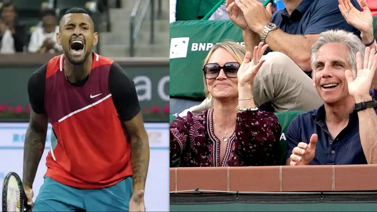 “Do I tell him how to act?” Nick Kyrgios points at Ben Stiller in between the match to make a point to a fan