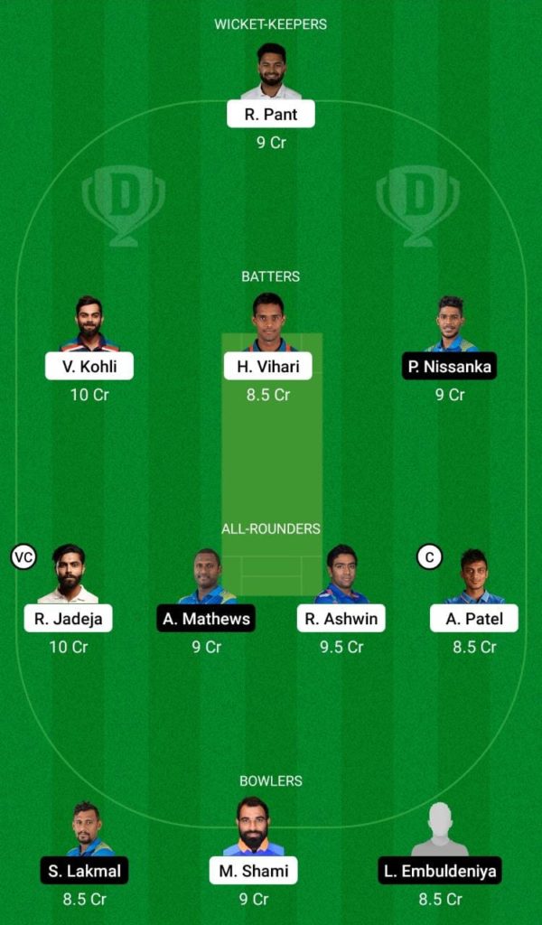 Dream 11 Fantasy Team 2 For IND VS SL