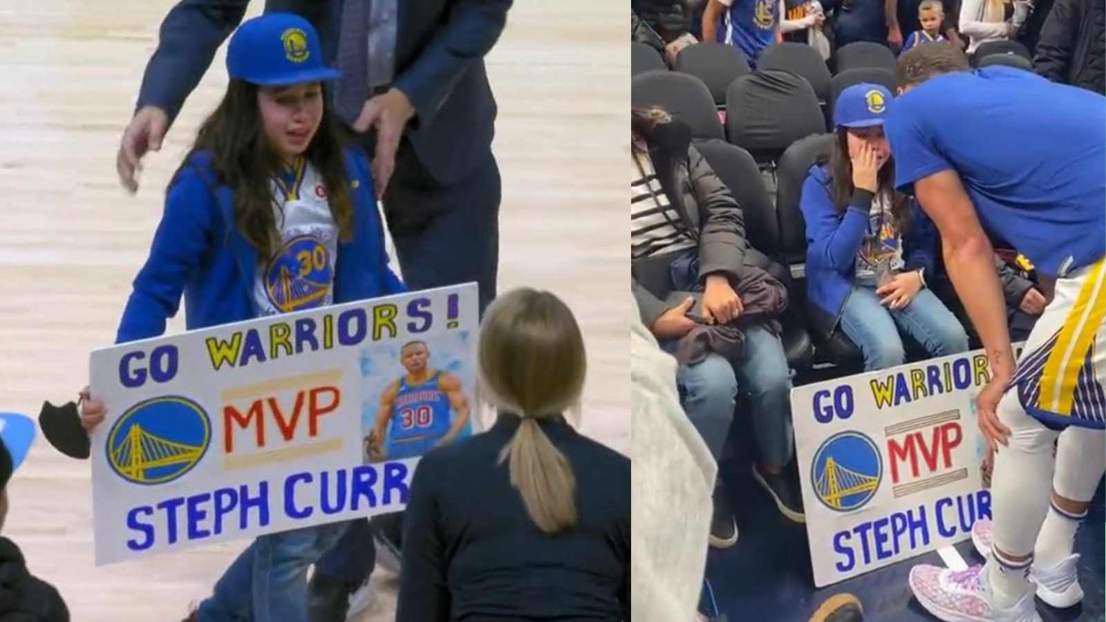 Stephen Curry surprises viral crying young Warriors fan, brings her to tears of joy with pre-game meeting