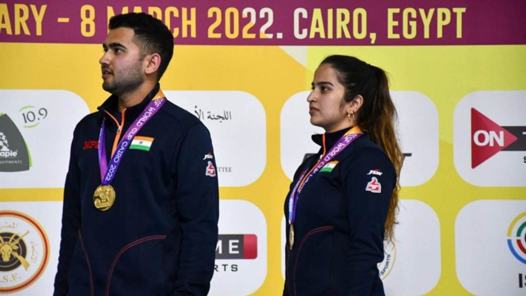 Anish Bhanwala and Rhythm Sangwan on the 25m RFP Mixed Team Podium at Cairo