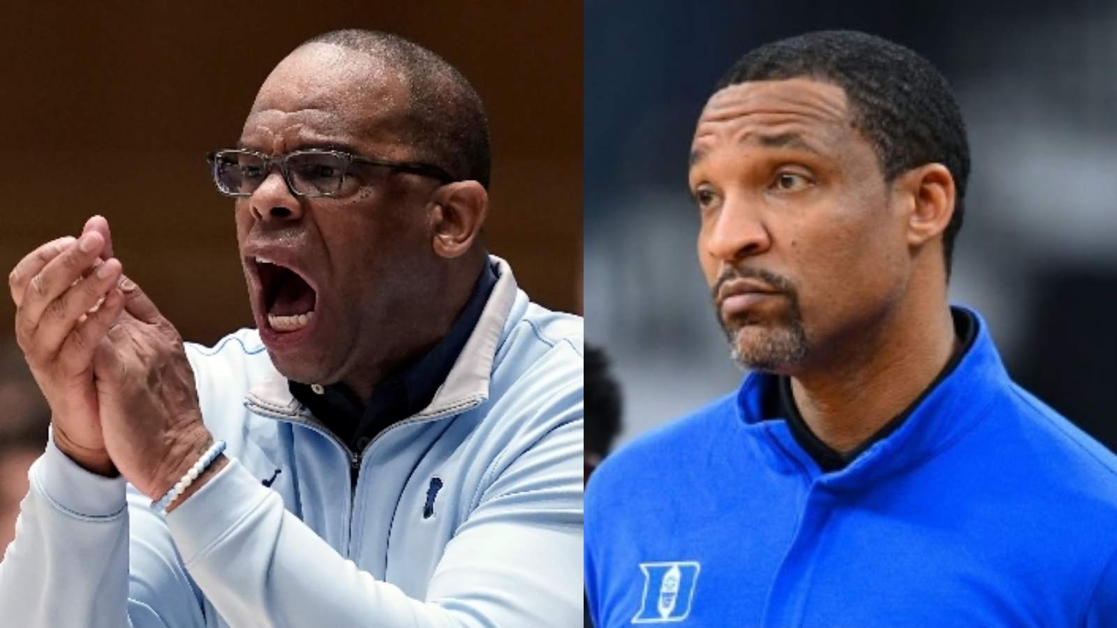 Duke’s assistant coach Chris Carrawell blows off North Carolina’s Head coach Hubert Davis in the handshake line