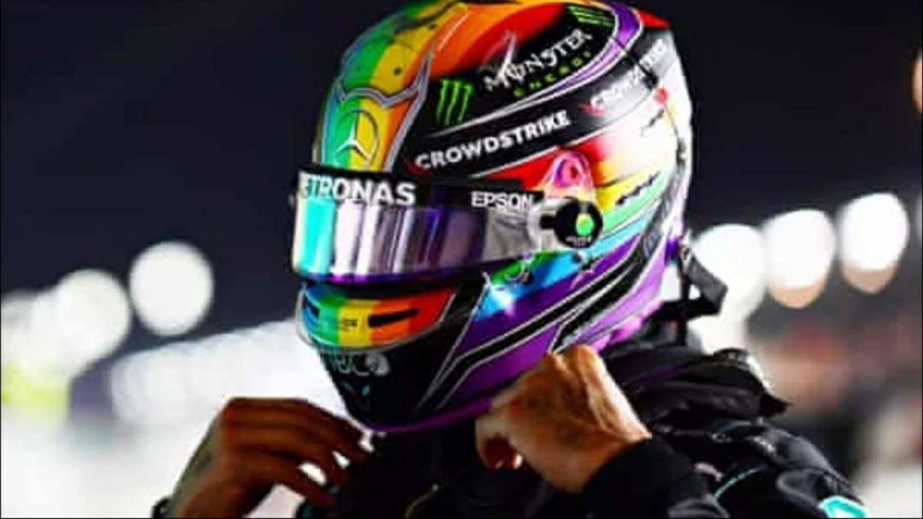 Lewis Hamilton wears a rainbow helmet tp support the LGBTQ community