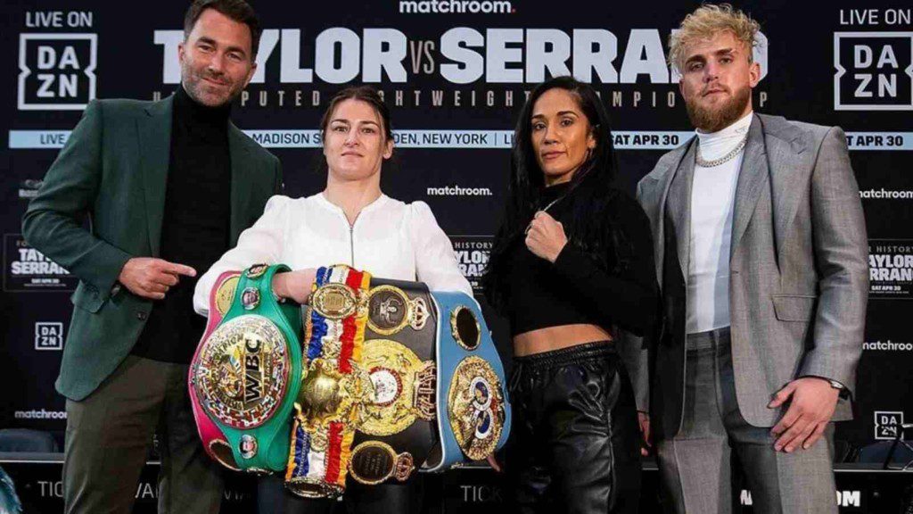 Jake Paul with Amanda Serrano and Eddie Hearn with Katie Taylor