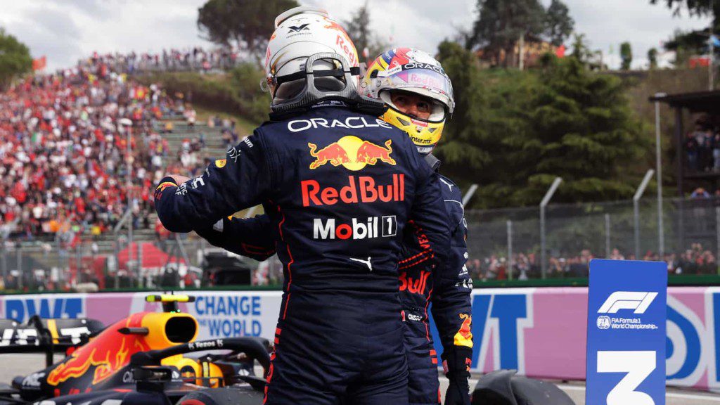 Sergio Perez with teammate Max Verstappen after the sprint race