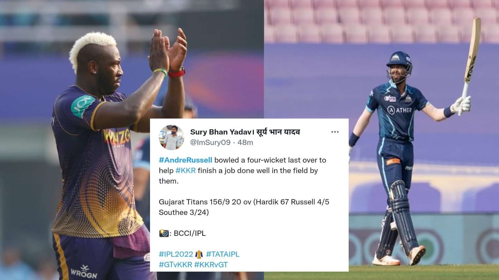 “Andre ‘BAHUBALI’ Russell”- Twitter reacts as Andre Russell 4-fer restricts Gujarat despite Hardik’s fifty