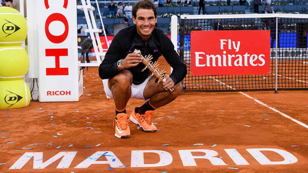 Rafael Nadal posing with his 2017 Madrid Masters trophy