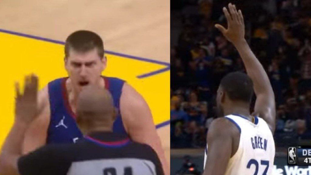 Draymond Green mock Nikola Jokic after he gets sacked by officials in the game 2