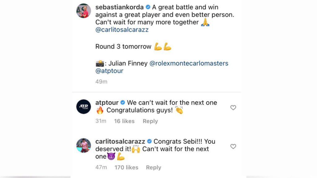 Comment of Carlos Alcaraz on Sebastian Korda's post