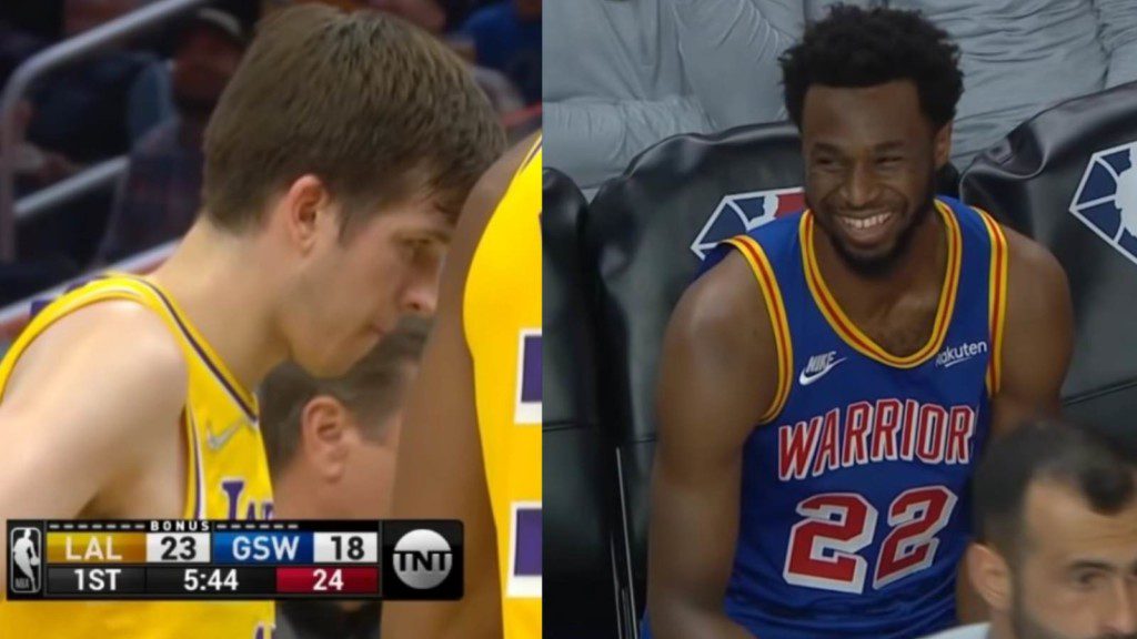 Andrew Wiggins can't hold laughing after hitting Austin Reaves by elbow