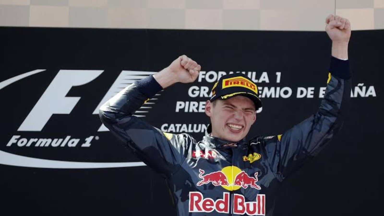 Max Verstappen on the podium after winning the 2016 Spanish Grand Prix