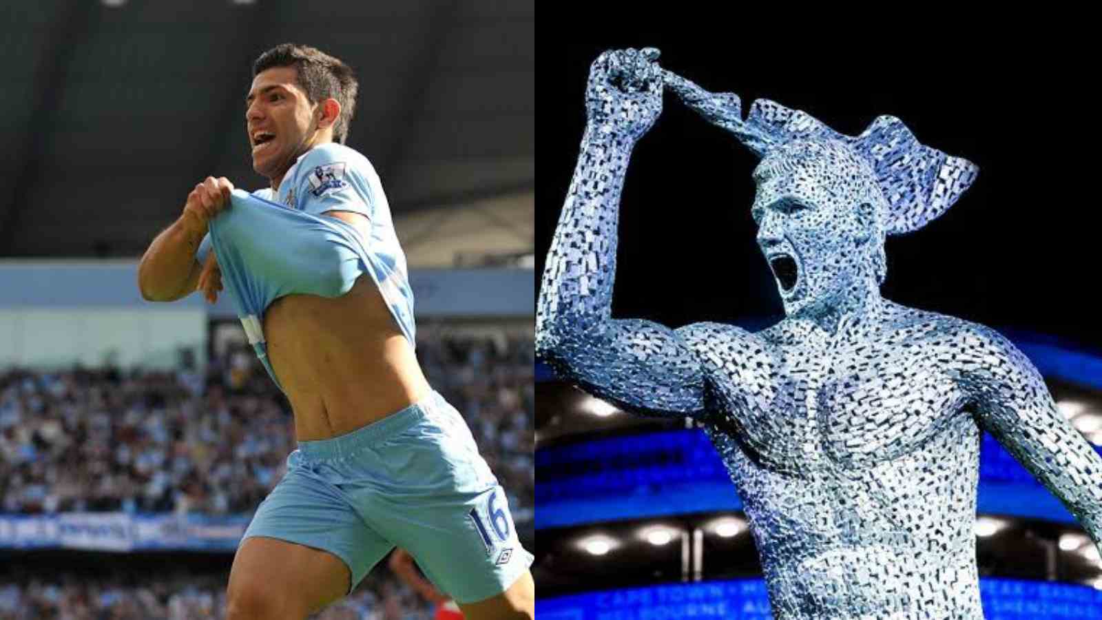 Manchester City unveils a statue of Sergio Aguero outside the Etihad Stadium on the 10th anniversary of his title-winning goal