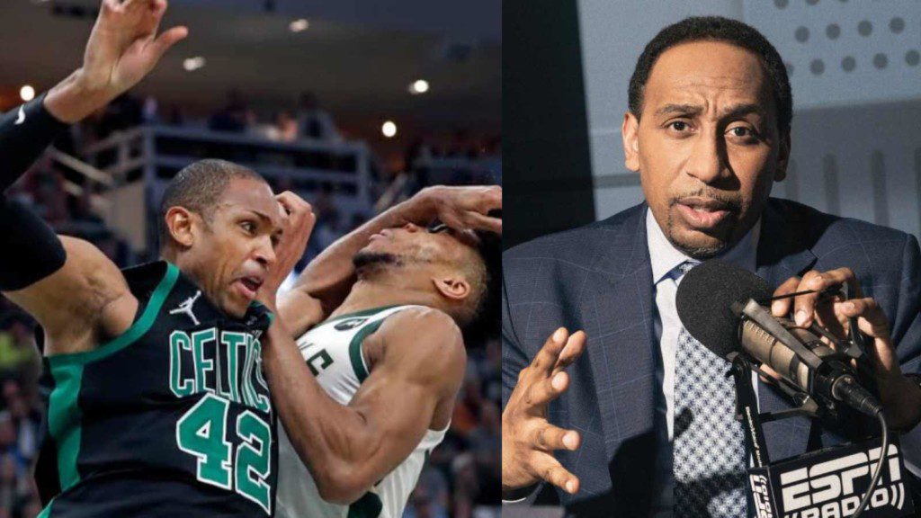 Al Horford, Giannis Antetokounmpo and Stephen A. Smith