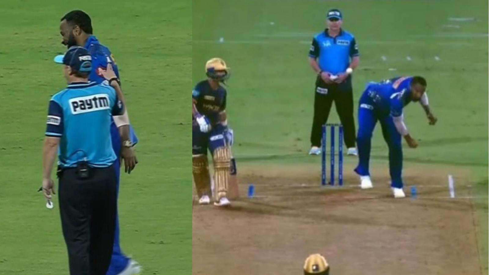 Watch: Kieron Pollard accidently hits umpire Chris Gaffaney with the ball during MI vs KKR; he instantly apologizes