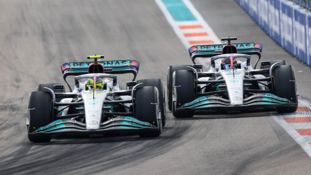 Mercedes cars in action in Miami GP