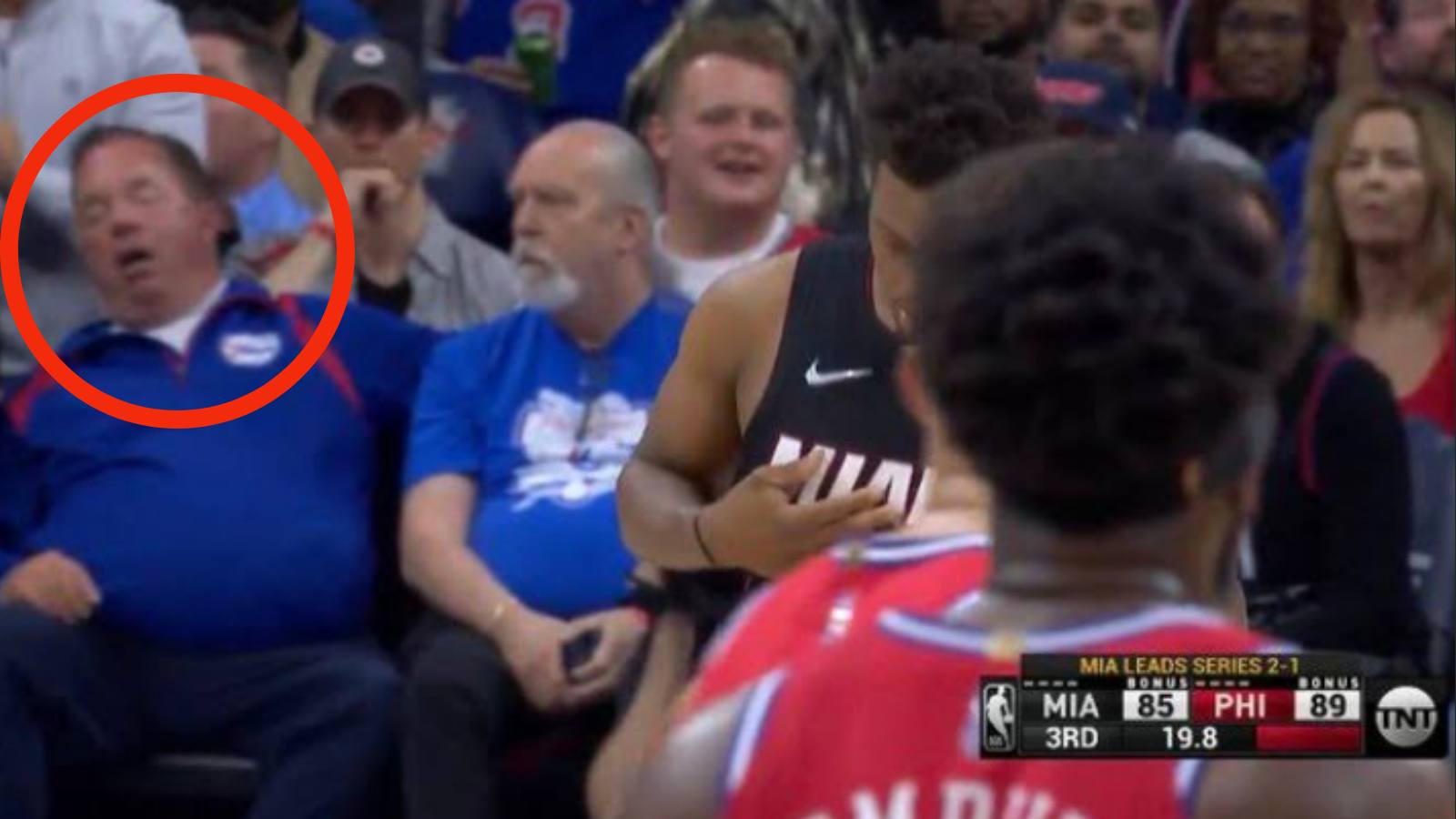 “He should play this at his funeral” NBA Fans troll courtside Philadelphia 76ers’ fan for sleeping during Game 4 showdown vs Heat