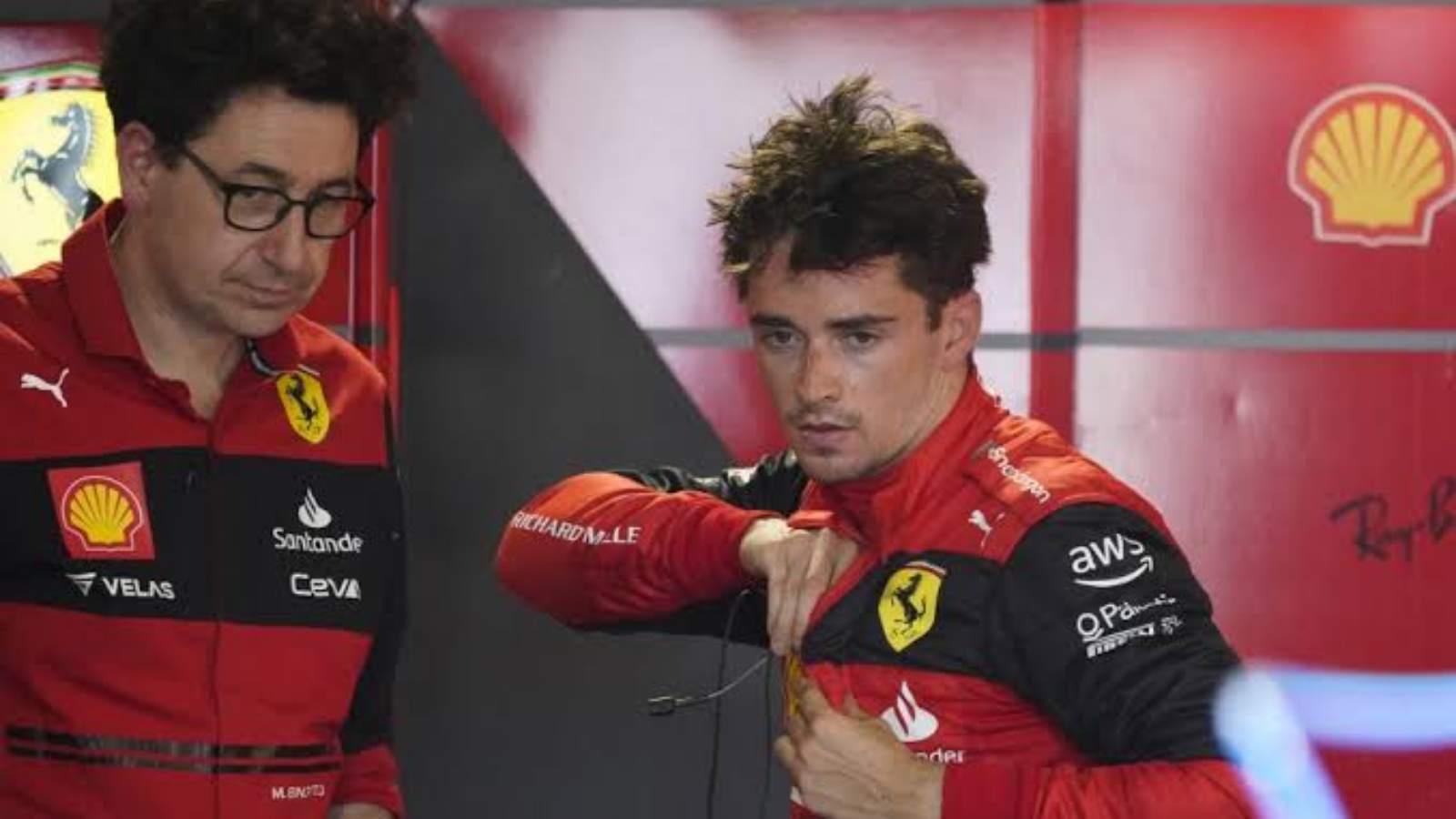 Ferrari team principal Mattia Binotto with Monacan driver Charles Leclerc