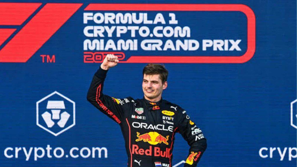 Max Verstappen on the podium after winning the Miami GP