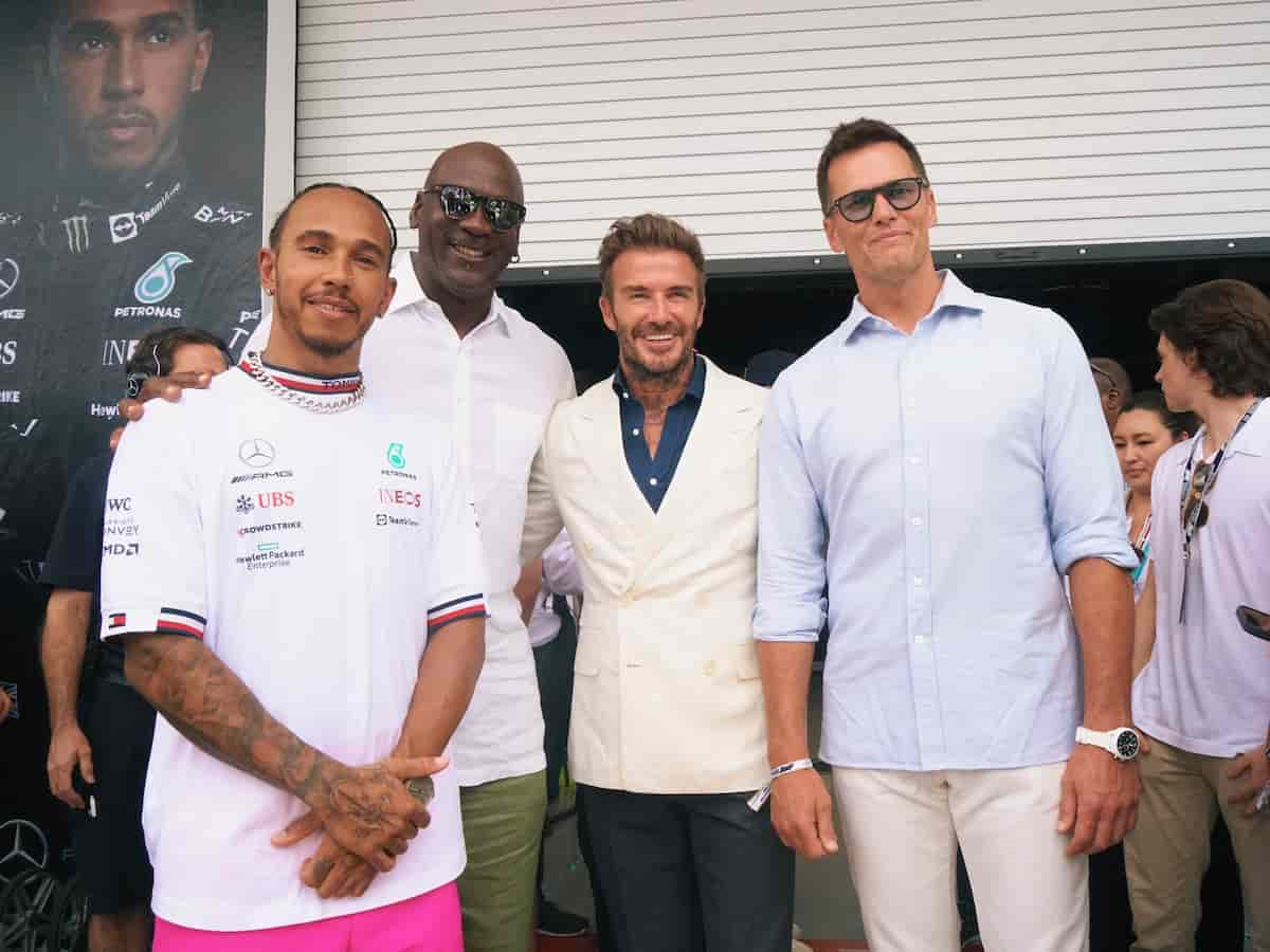 “Too Many GOATS” Twitter goes bonkers as Michael Jordan, Tom Brady and David Beckham join Lewis Hamilton in Mercedes garage 