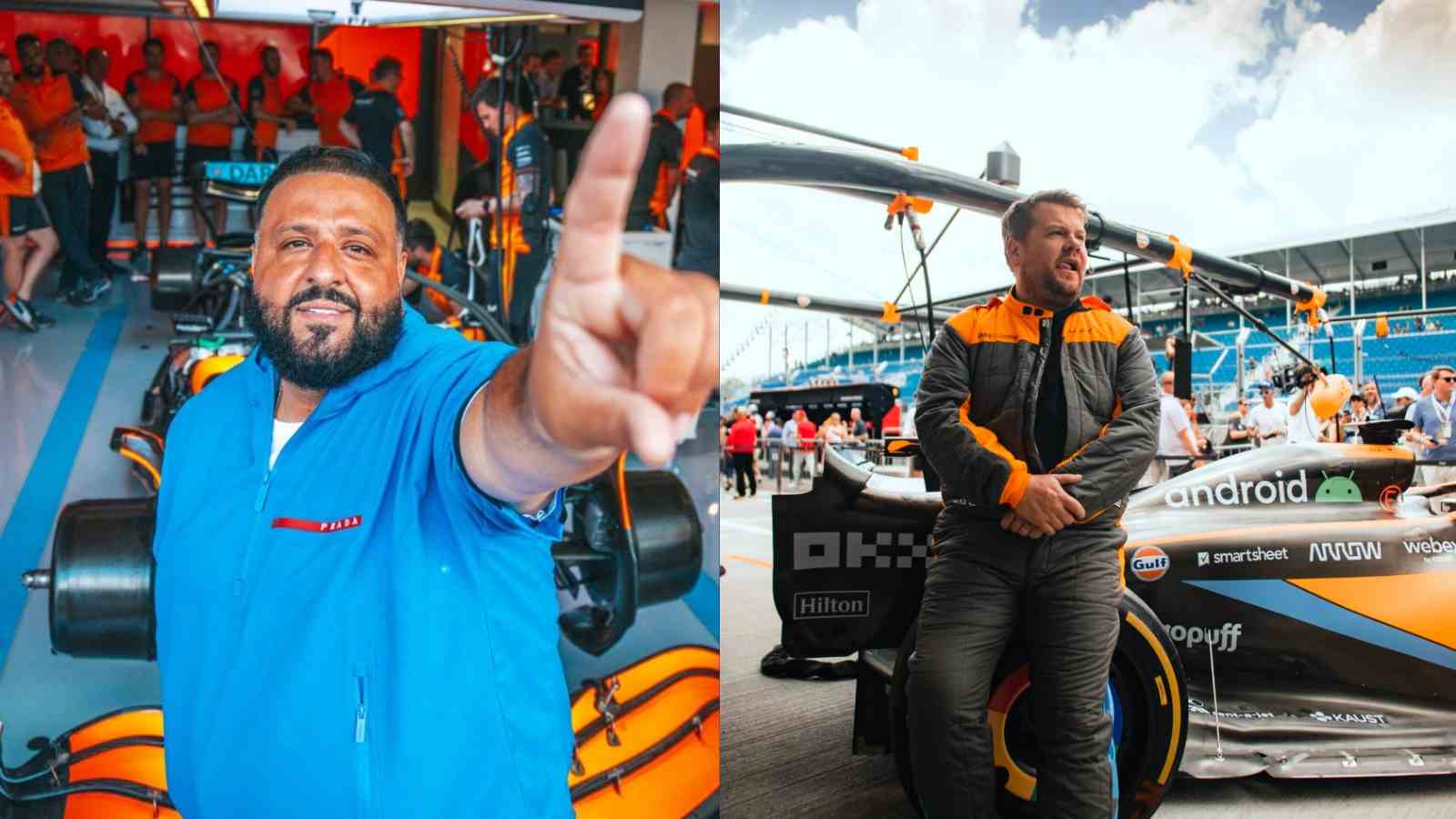 James Corden And DJ Khaled Waving the McLaren Flag At The Miami Grand Prix