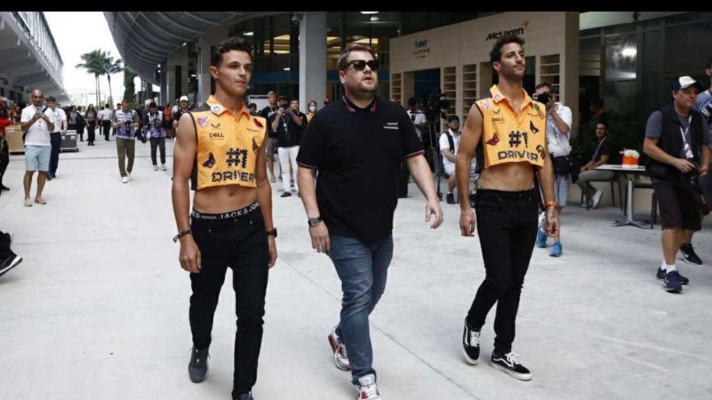 Daniel Ricciardo, Lando Norris and James Corden