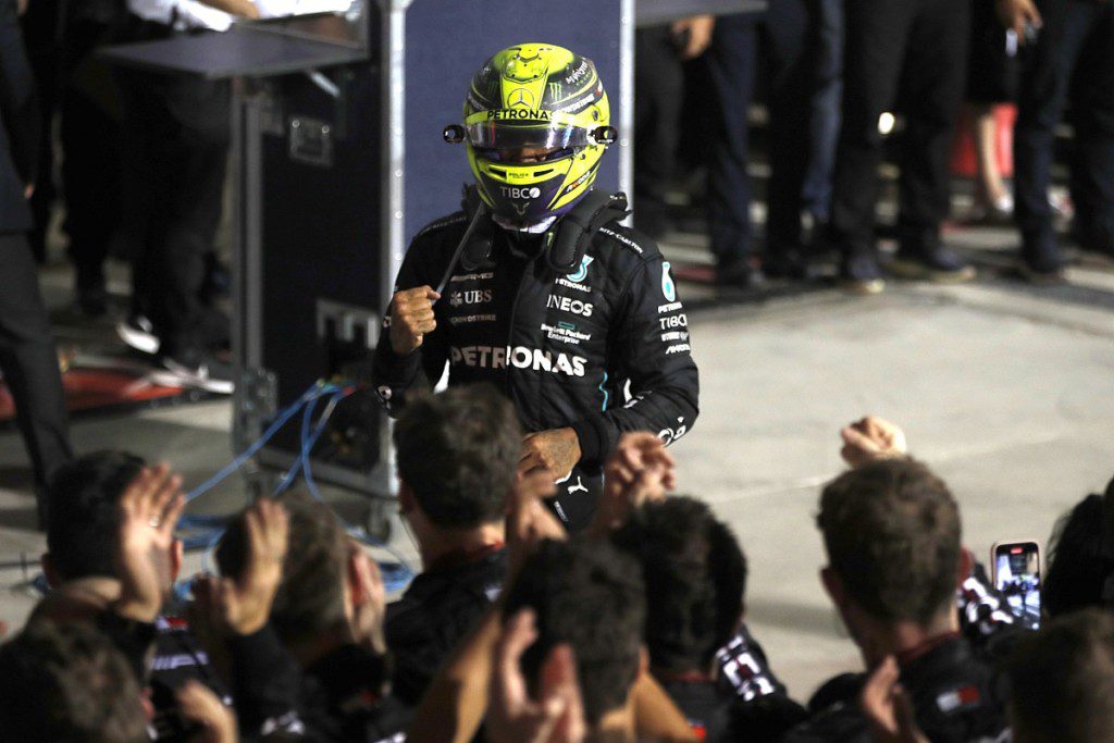 Lewis Hamilton on podium 2022 Bahrain grand Prix 