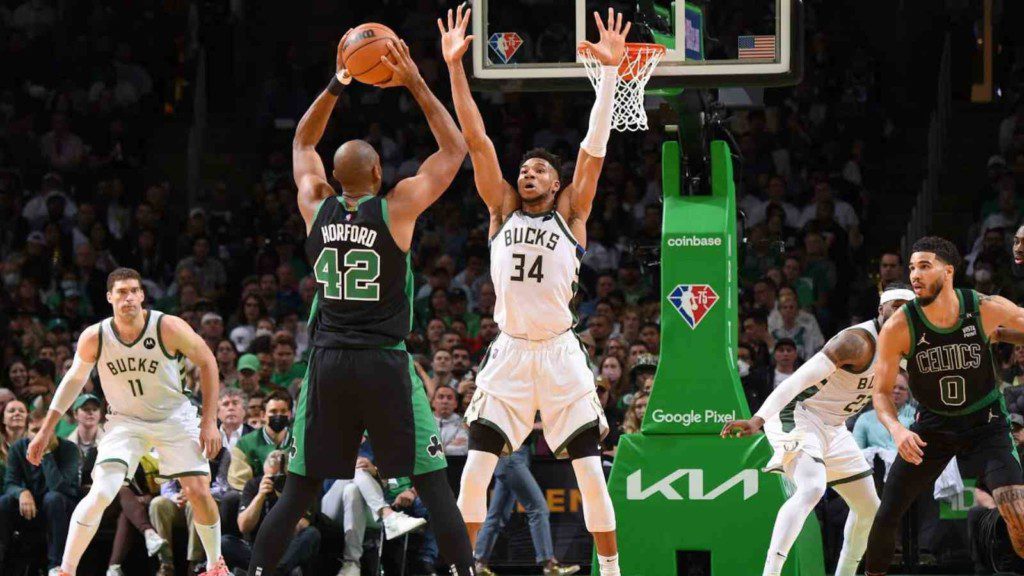 Giannis Antetokounmpo blocking Boston Celtics in Game 1