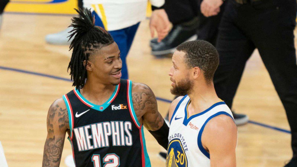 Ja Morant of Memphis Grizzlies and Stephen Curry of Golden State Warriors