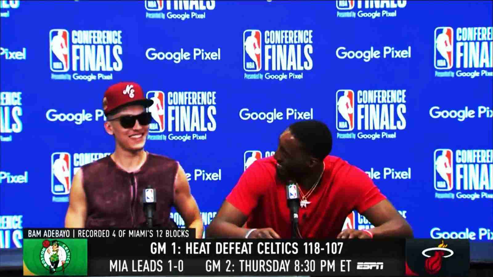 “Fashionably late” Tyler Herro has Heat teammate Bam Adebayo in splits as he shows off his post-win fit to the media