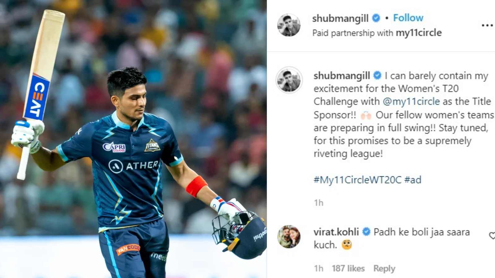 “Padh ke Boli jaa saara kuch” –  Virat Kohli’s hilarious comment to Shubman Gill’s promotion video