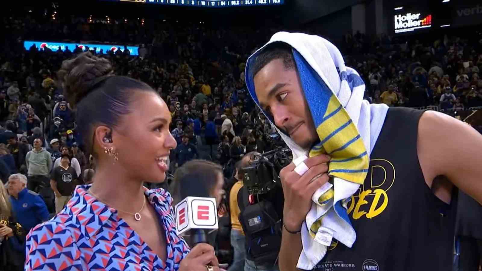 “Just wants to fetch Malika Andrews attention” Jordan Poole does everything possible to secure his ‘crush’s’ attention in viral Game 6 celebration video