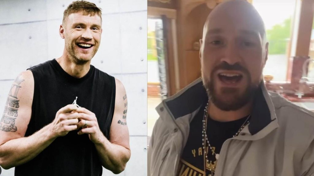 Andrew Flintoff gifts a jacket to Tyson Fury 