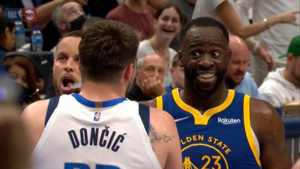 Stephen Curry, Luka Doncic and Draymond Green