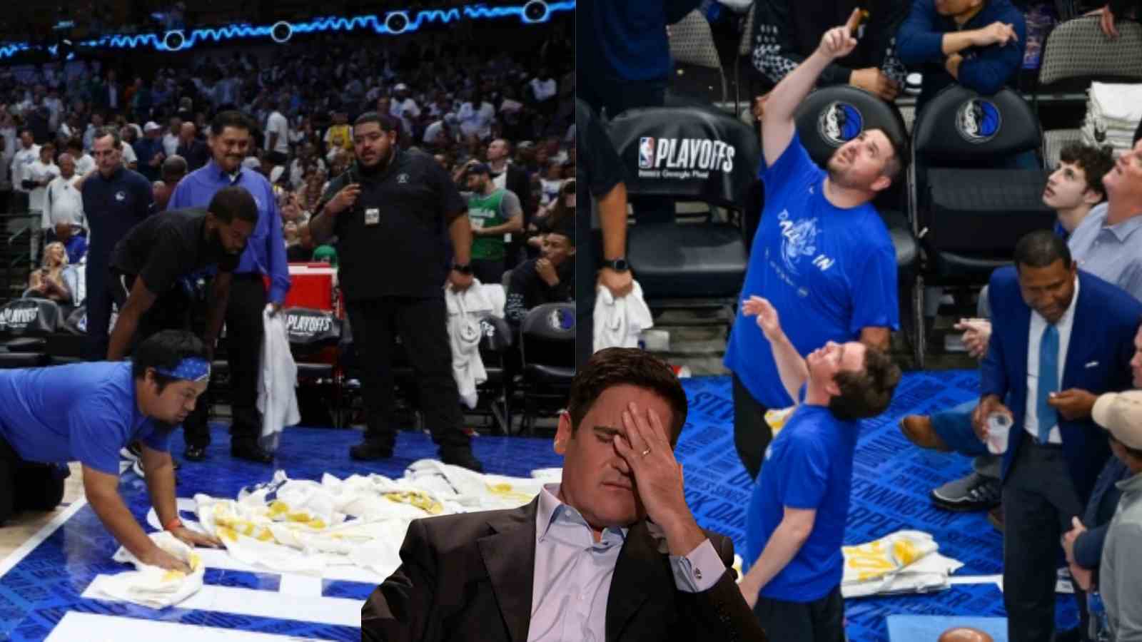 “So much money spent over such embarrassment” Mavs owner Mark Cuban stares in vengeance as Game 4 is halted because of a ceiling leak