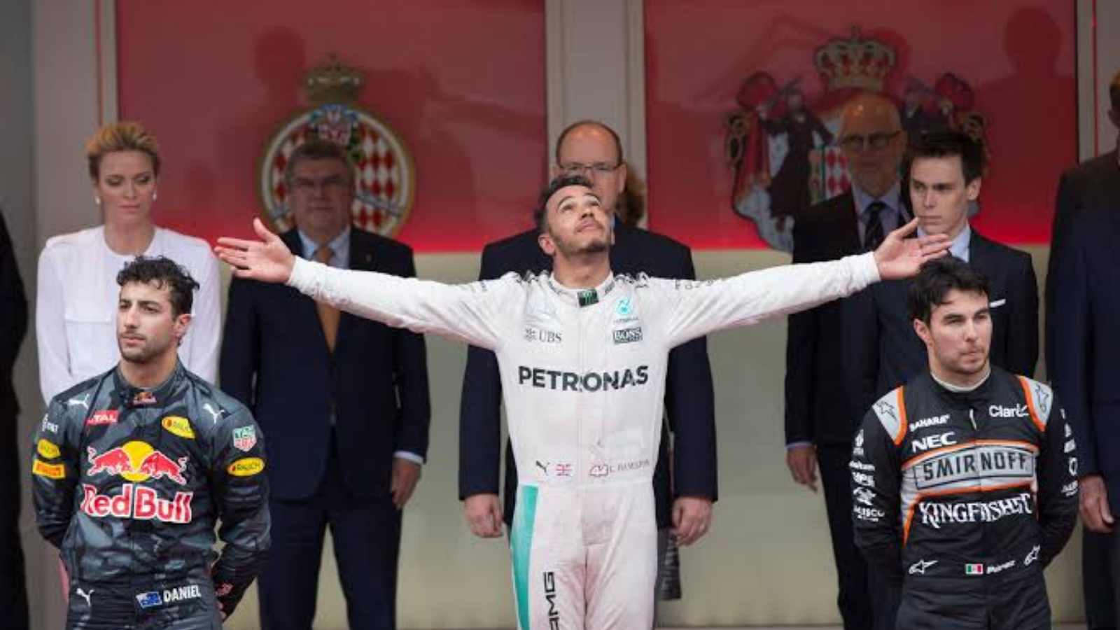 Lewis Hamilton on the podium after winning the 2016 Monaco Grand Prix