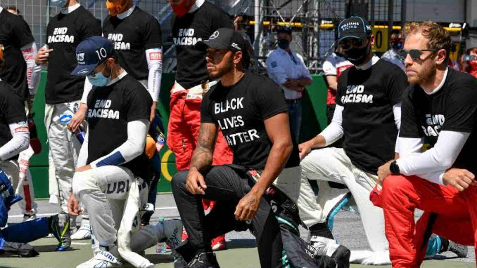 Lewis Hamilton and the rest of the drivers on the grid taking a knee last year after the murder trial of George Floyd