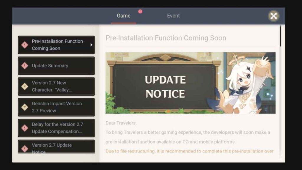Genshin Impact 2.7 update pre-installation function time and date announced 