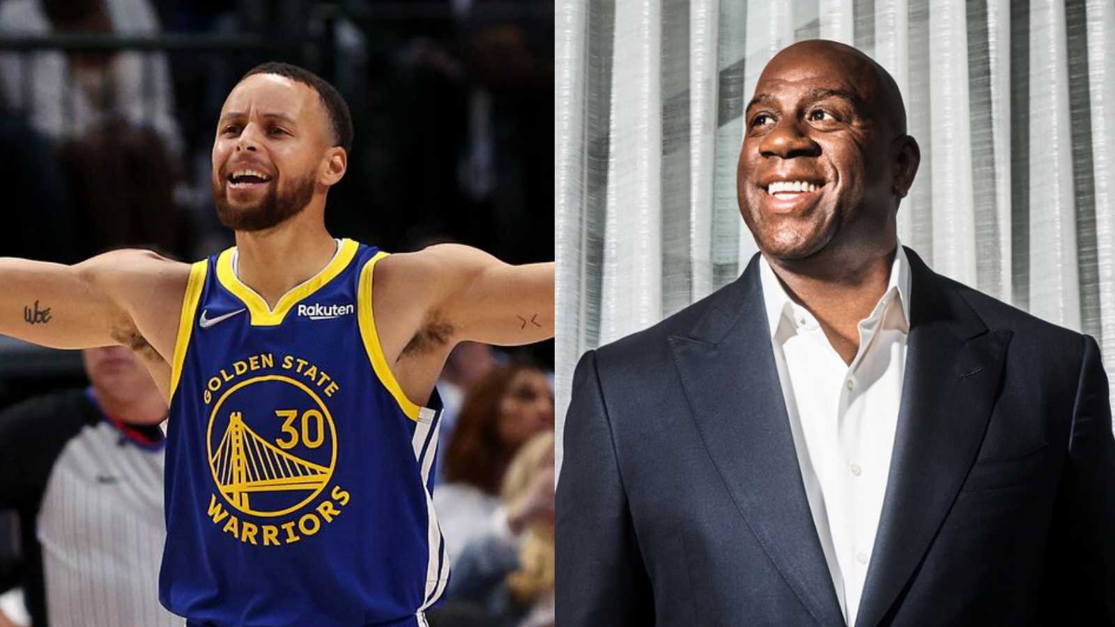 Magic Johnson reacts to Stephen Curry winning the inaugural WC Finals MVP award in his honor