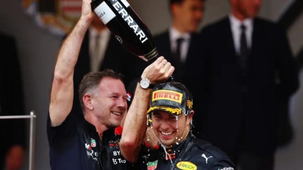 Christian Horner celebrating with Sergio Perez